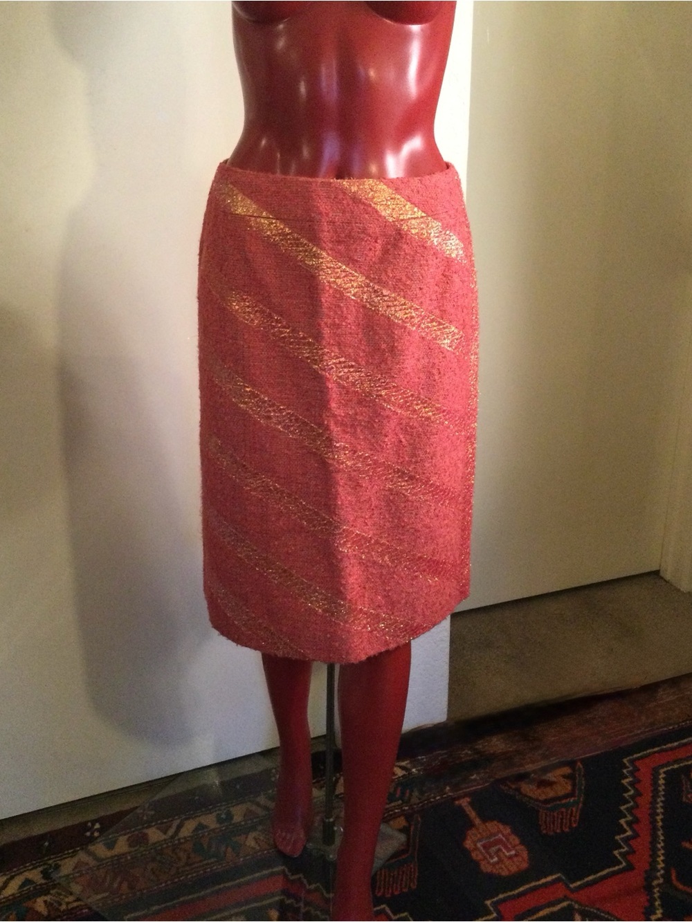 Women's Pink Salmon Metallic Tweed Diagonal Stripe Pencil Skirt